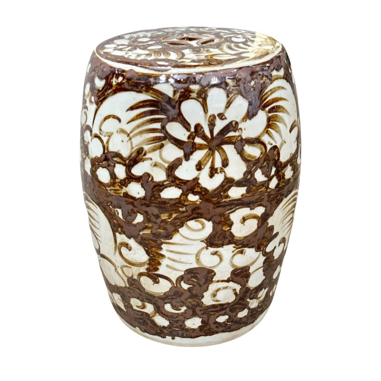 Rustic Brown Porcelain Garden Stool Silla Flower Motif