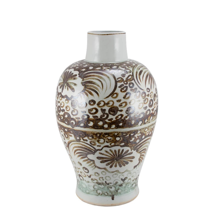 Rusty Brown Baluster Vase Sea Flower Motif
