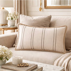 Neutral Striped Throw Pillow with Braided Trim