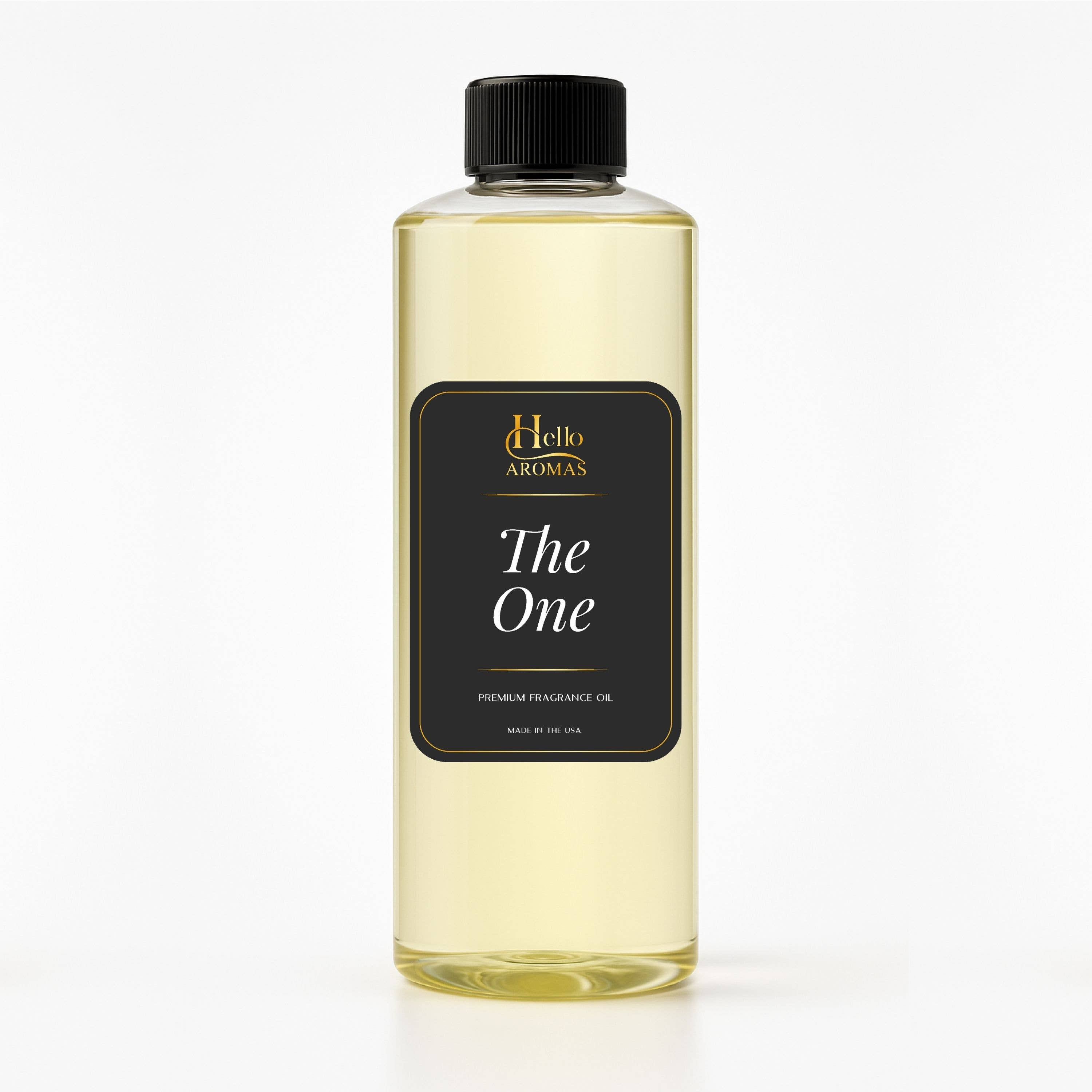 Bottle of 'The One' fragrance oil by Hello Aromas on a white background