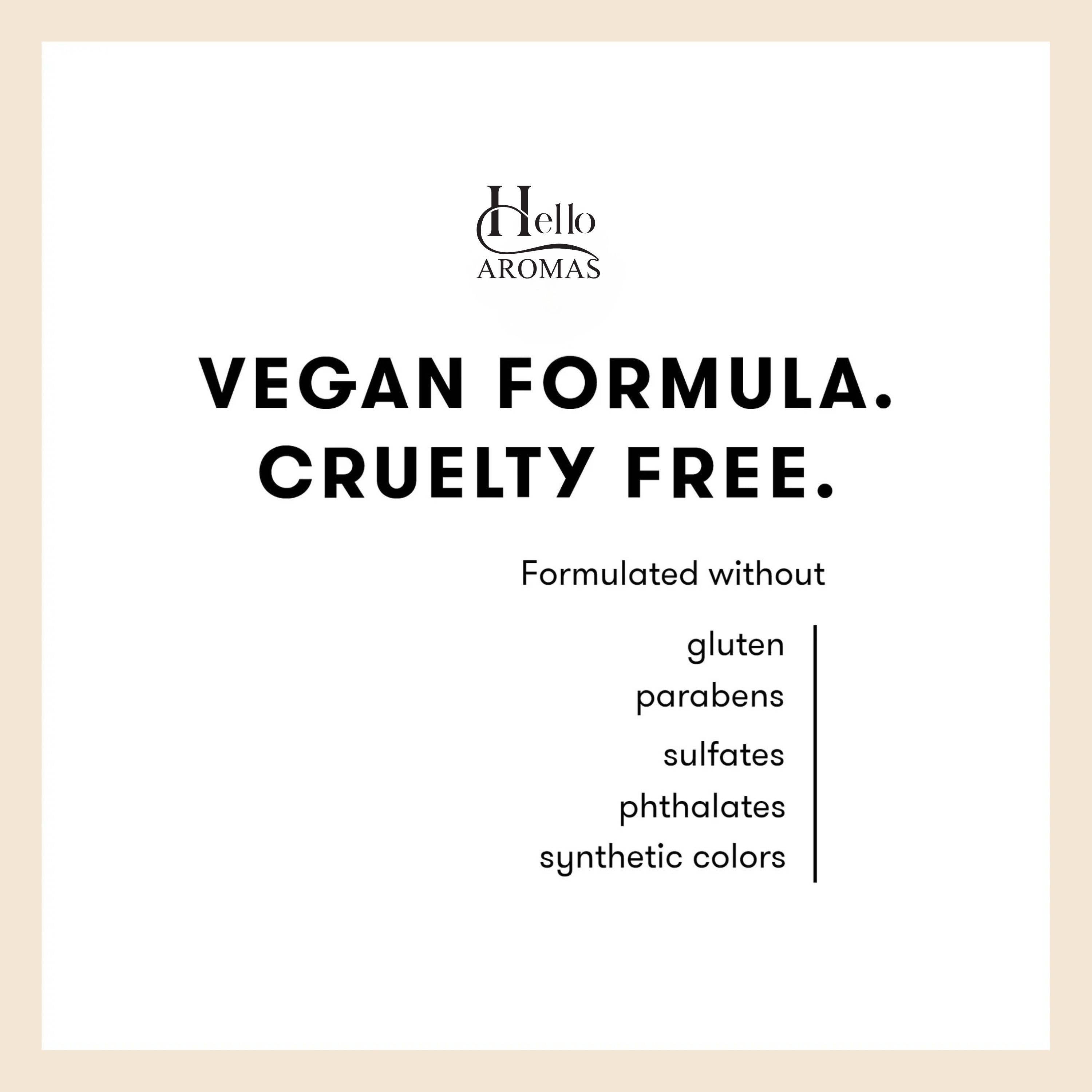 Product label for 'Hello Aromas' with vegan and cruelty-free information on a white background.