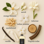Collection of flowers, wood pieces, and a bottle labeled with scents on a beige background