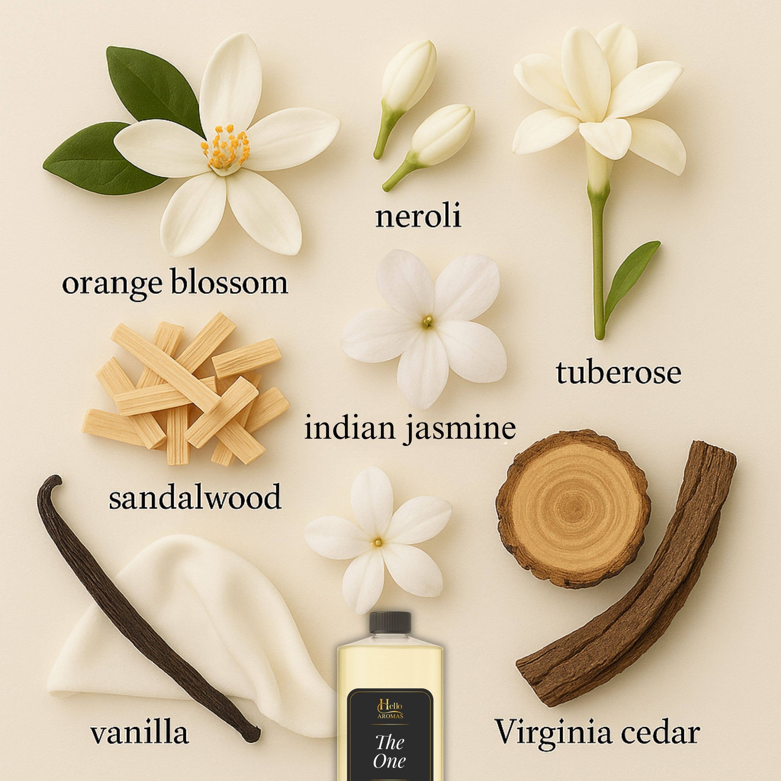 Collection of flowers, wood pieces, and a bottle labeled with scents on a beige background