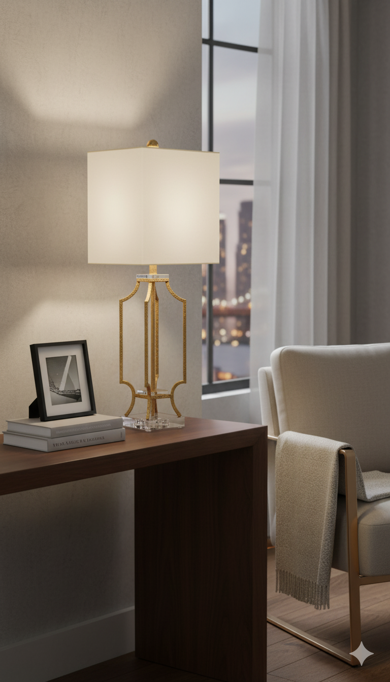 ELISE GOLD METAL LAMP WITH LUCITE BASE & SQUARE SHADE