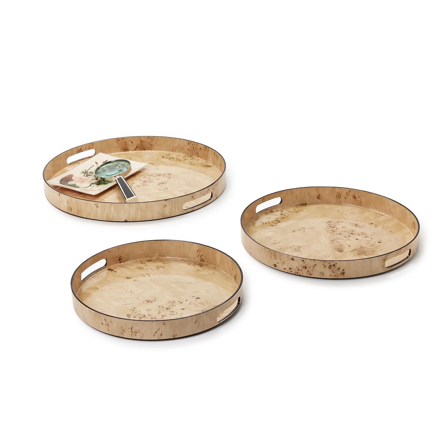 Set of 3 Burled Wood Pattern Round Tray (decorative use only)