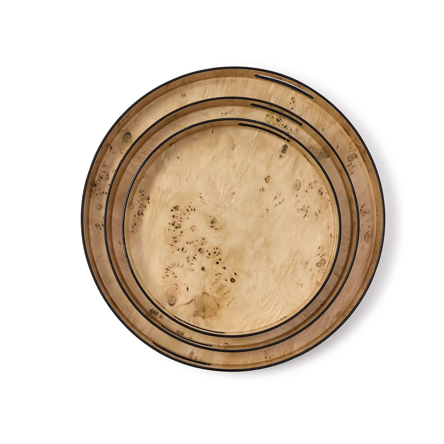 Set of 3 Burled Wood Pattern Round Tray (decorative use only)