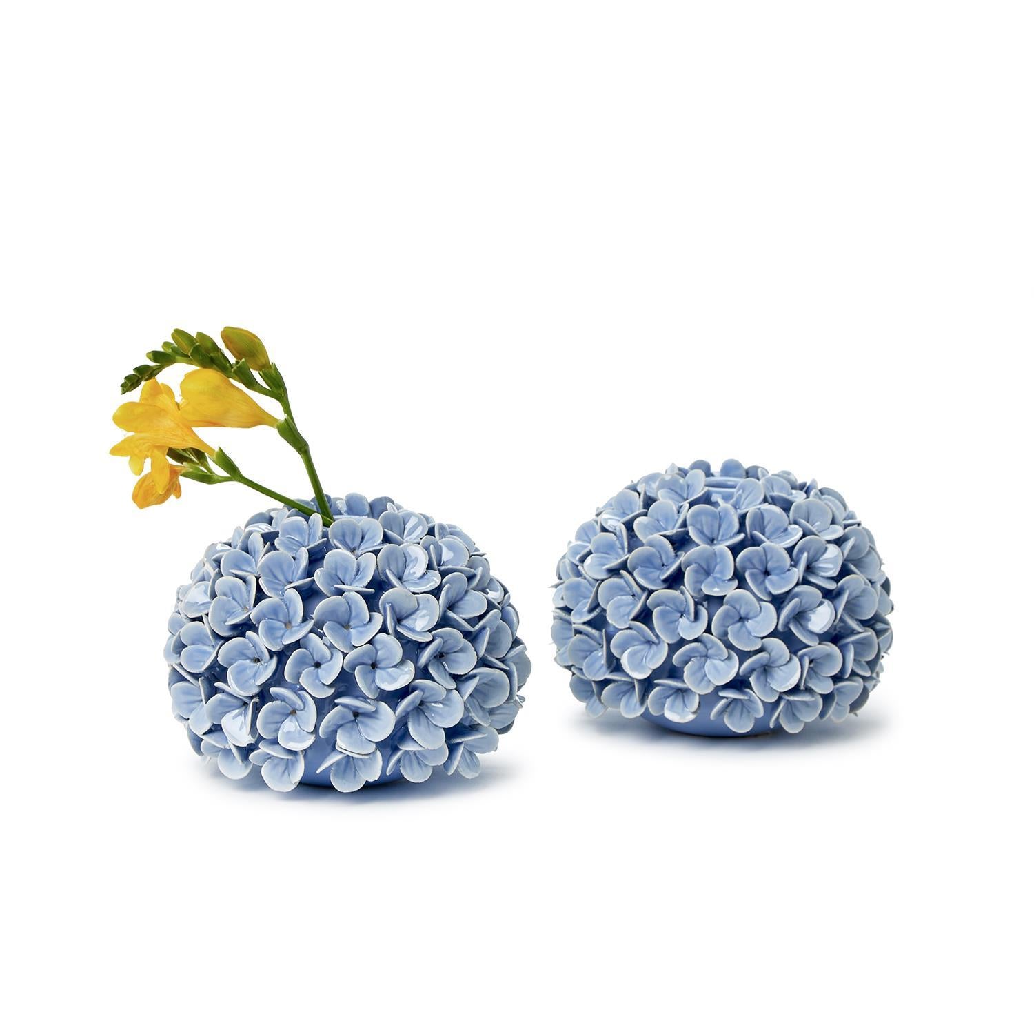 Set of 2 Hand-Crafted Blue Hydrangea Flower Bud Vases / Taper Candlestick Candleholders