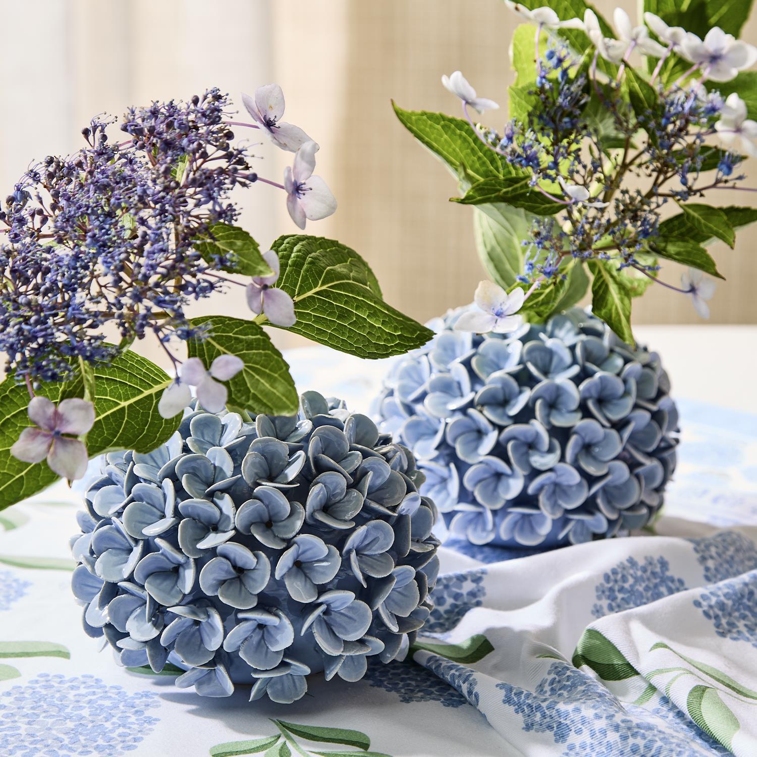 Set of 2 Hand-Crafted Blue Hydrangea Flower Bud Vases / Taper Candlestick Candleholders
