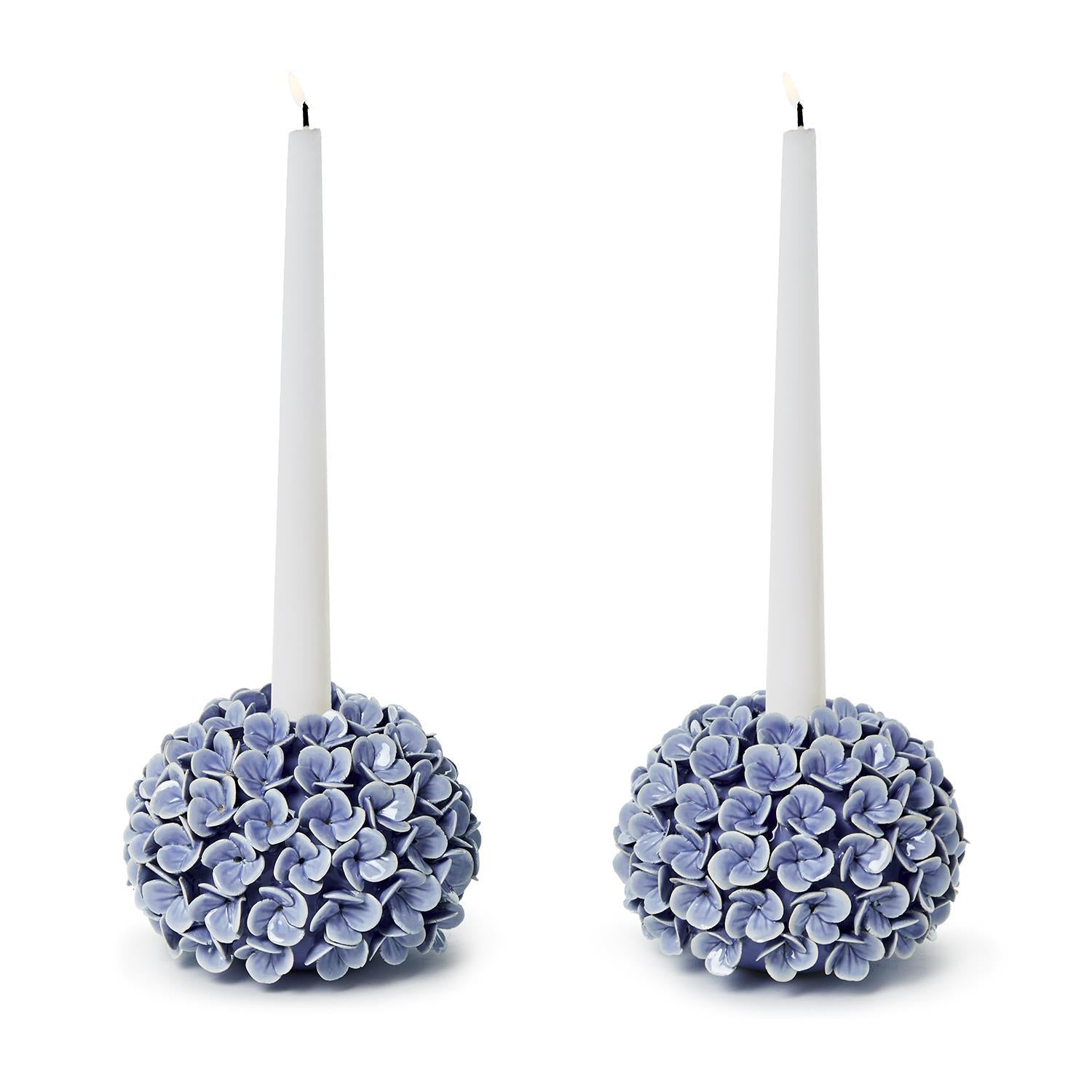 Set of 2 Hand-Crafted Blue Hydrangea Flower Bud Vases / Taper Candlestick Candleholders