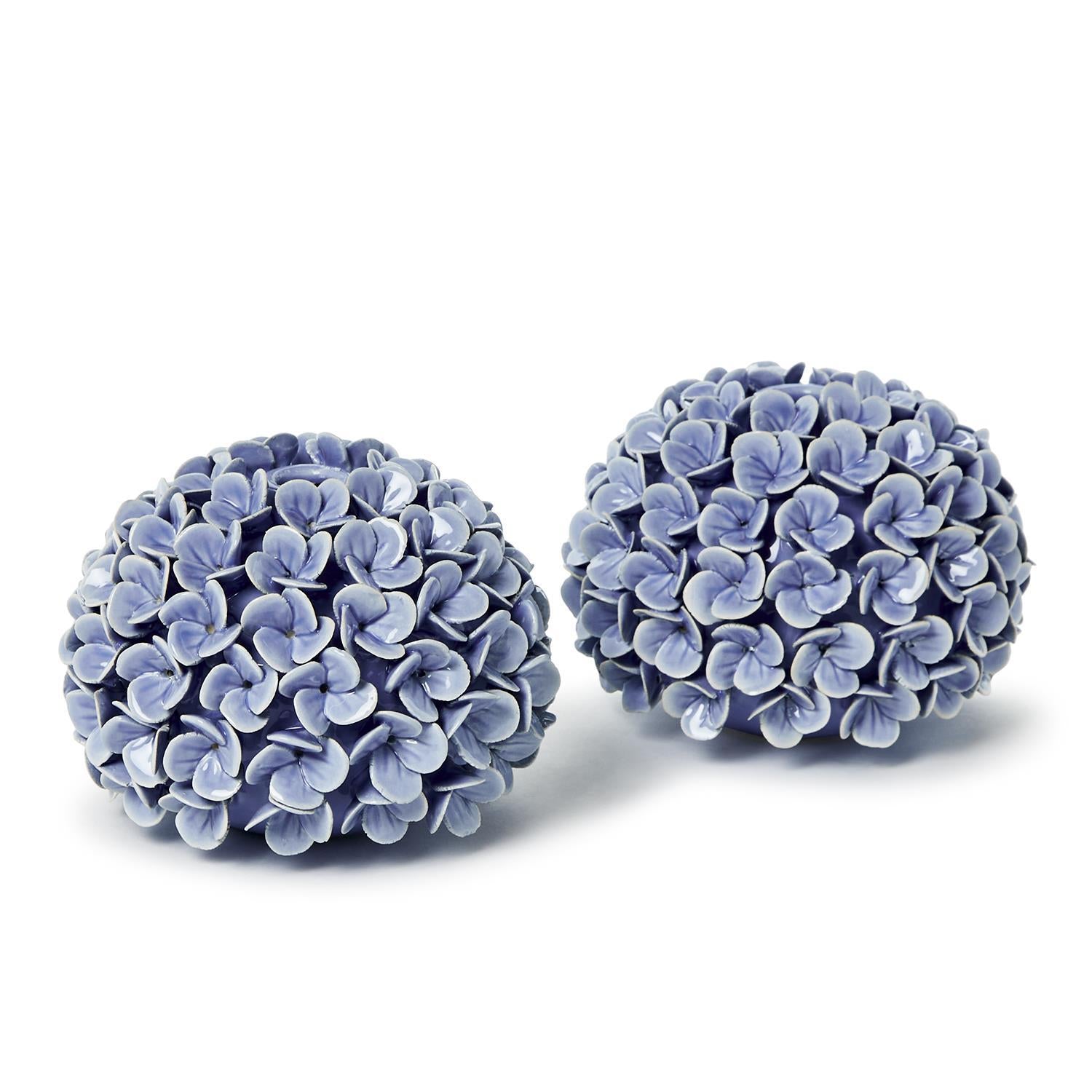 Set of 2 Hand-Crafted Blue Hydrangea Flower Bud Vases / Taper Candlestick Candleholders
