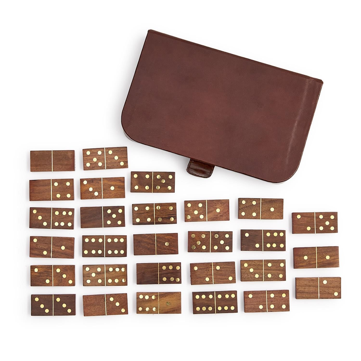 Chestnut Genuine Leather Domino Set Includes: 28 Wood Domino Pieces