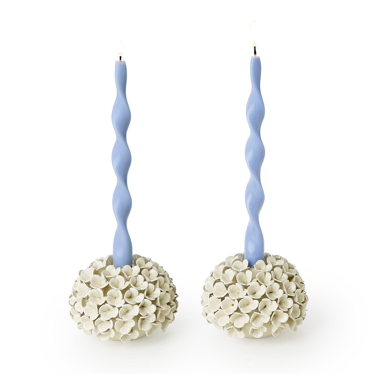 Set of 2 Hand-Crafted White Hydrangea Flower Bud Vases/Taper Candlestick Candleholders