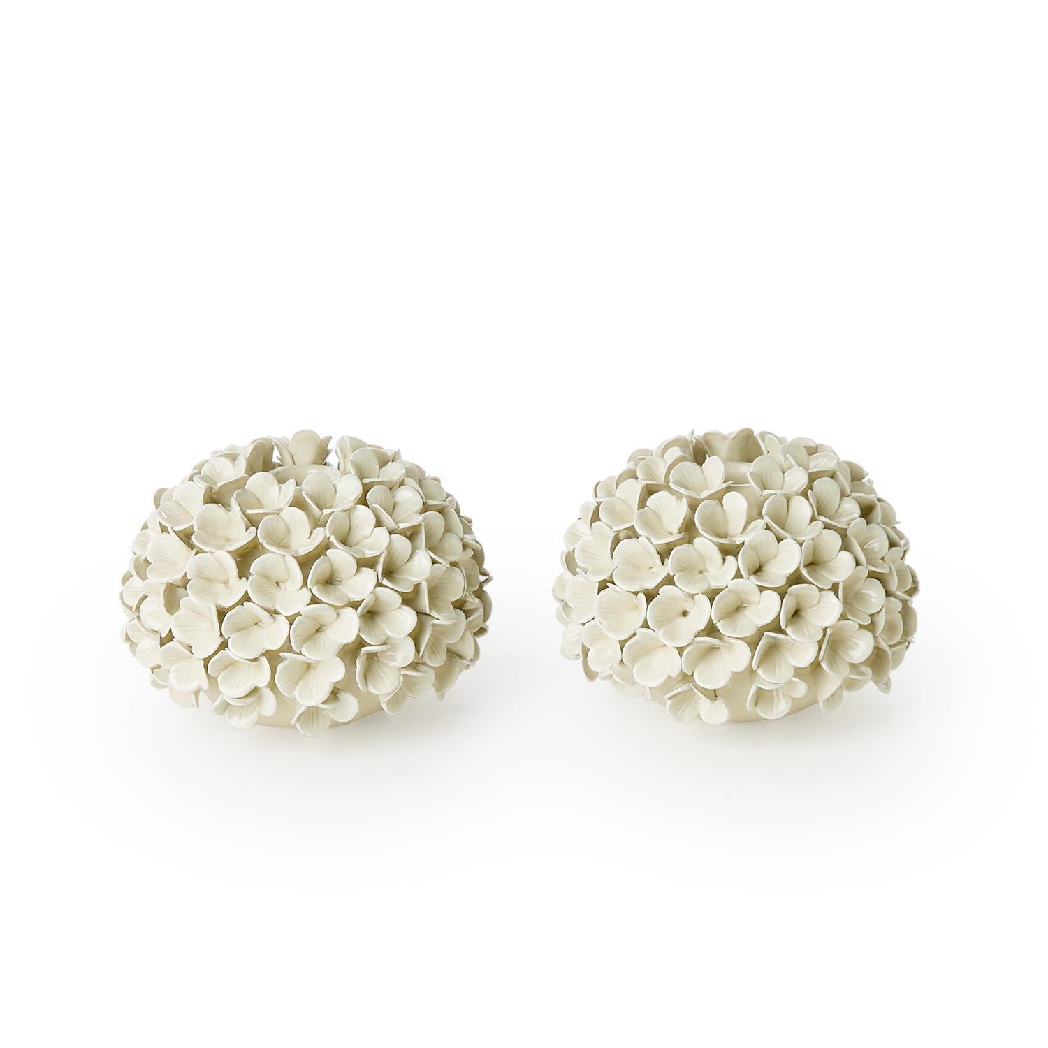 Set of 2 Hand-Crafted White Hydrangea Flower Bud Vases/Taper Candlestick Candleholders