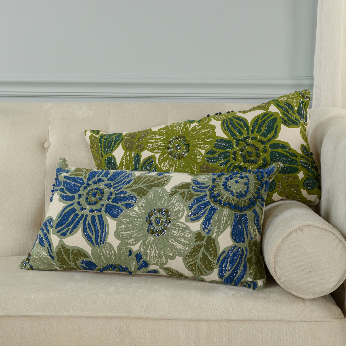 Green 14"x26" Floral Cottage Cotton Lumbar Throw Pillow