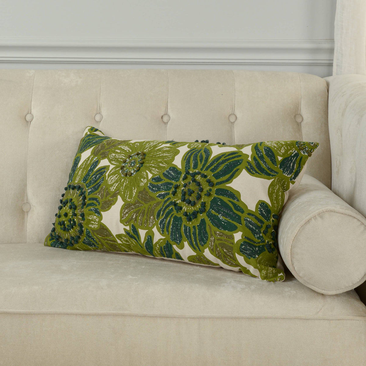 Green 14"x26" Floral Cottage Cotton Lumbar Throw Pillow