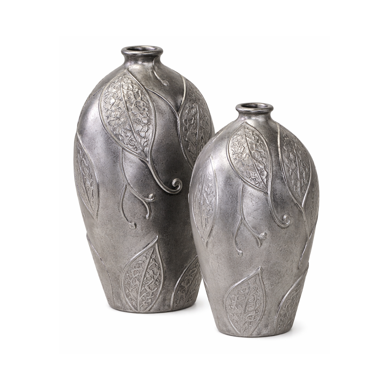 16" DECORATIVE ALUMINUM LEAF ACCENT JAR SET PEWTER