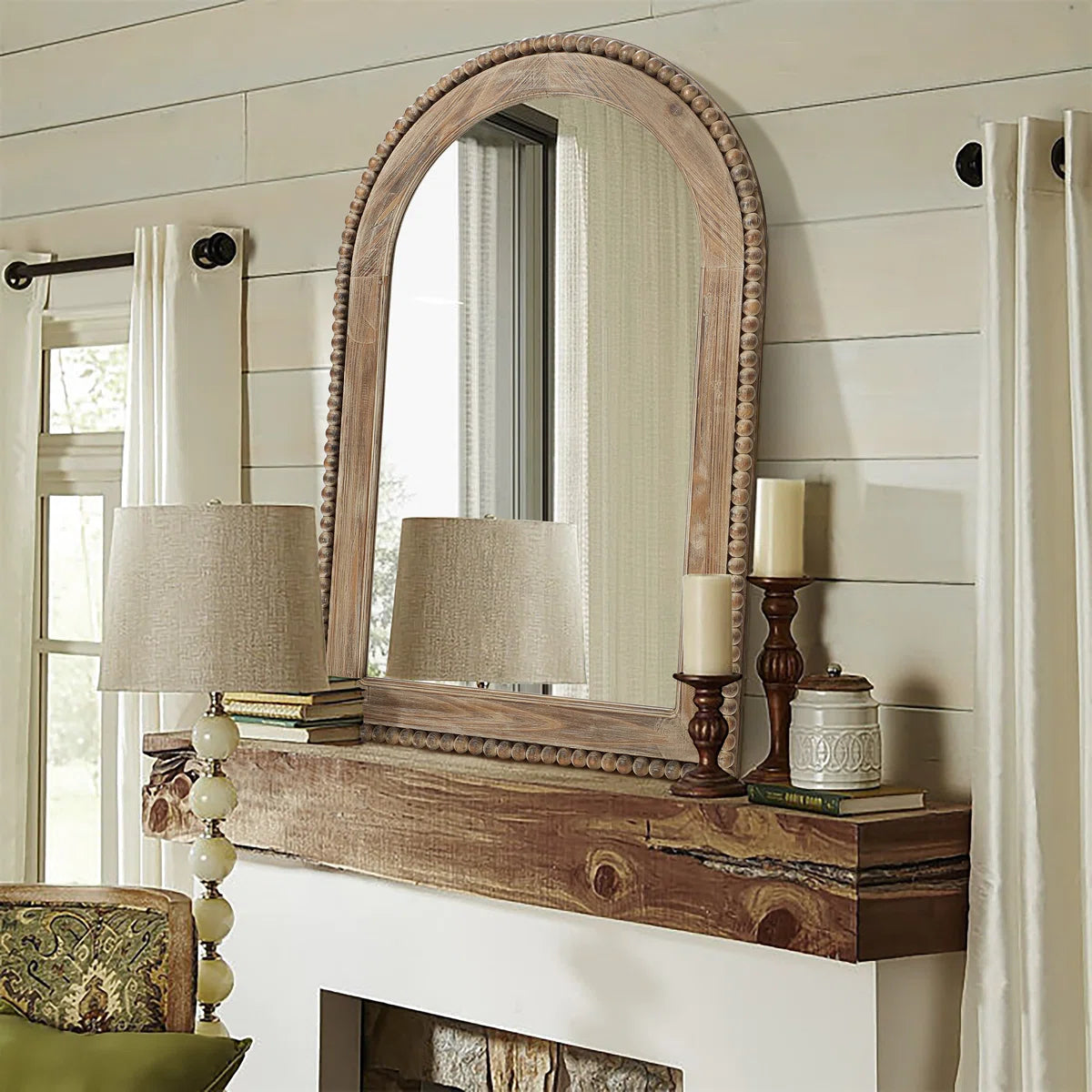 Jerri Wood Framed Arch Window Wall Mirror, Farmhouse Decor Accent