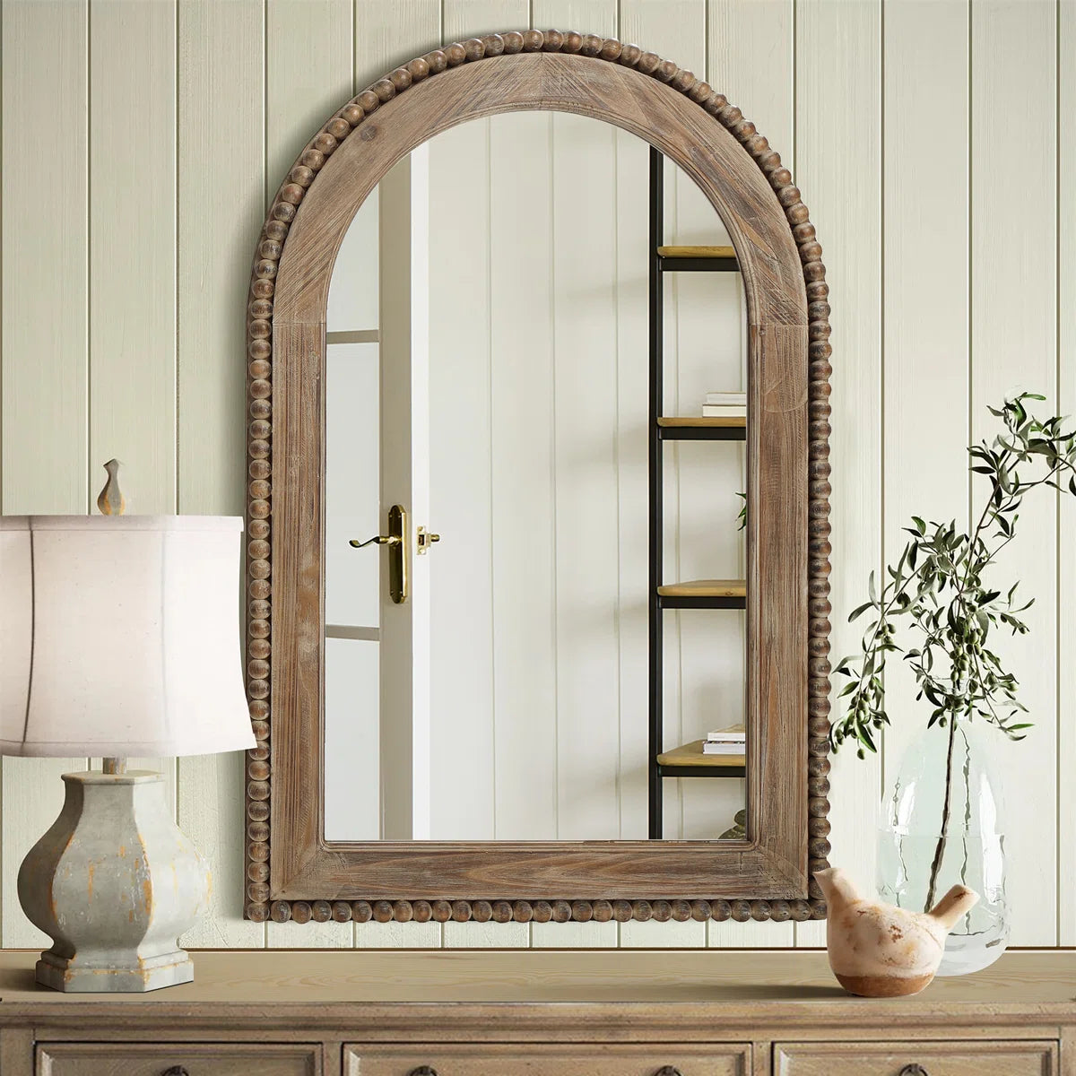 Jerri Wood Framed Arch Window Wall Mirror, Farmhouse Decor Accent