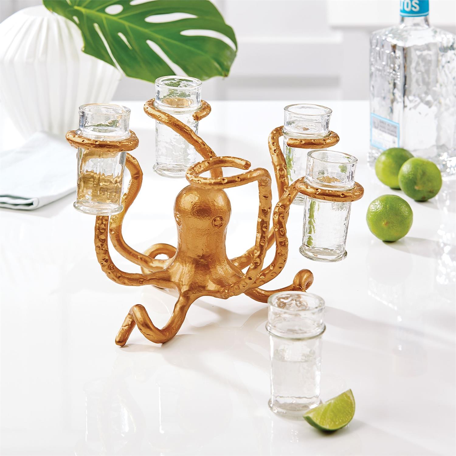 Golden Bronze Octopus Shot Glass Holder (includes 6 shot glasses)