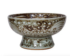 Rustic Brown Porcelain Serving Bowl Tall Base Silla Flower Motif