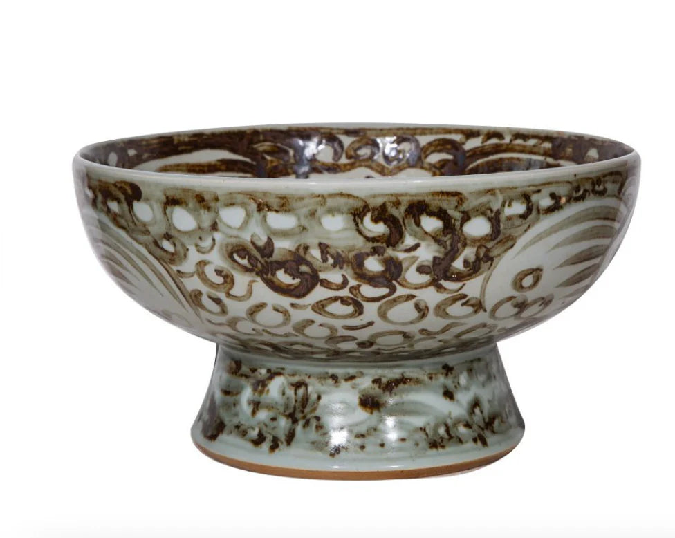 Rustic Brown Porcelain Serving Bowl Tall Base Silla Flower Motif