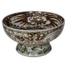 Rustic Brown Porcelain Serving Bowl Tall Base Silla Flower Motif