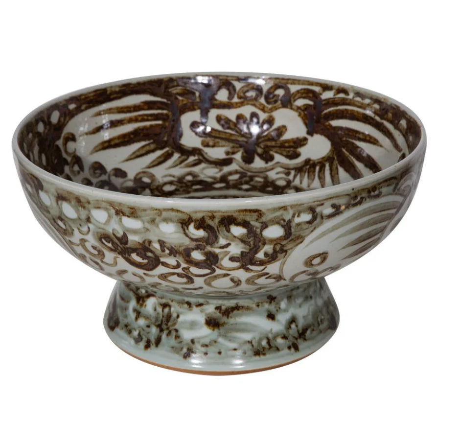 Rustic Brown Porcelain Serving Bowl Tall Base Silla Flower Motif