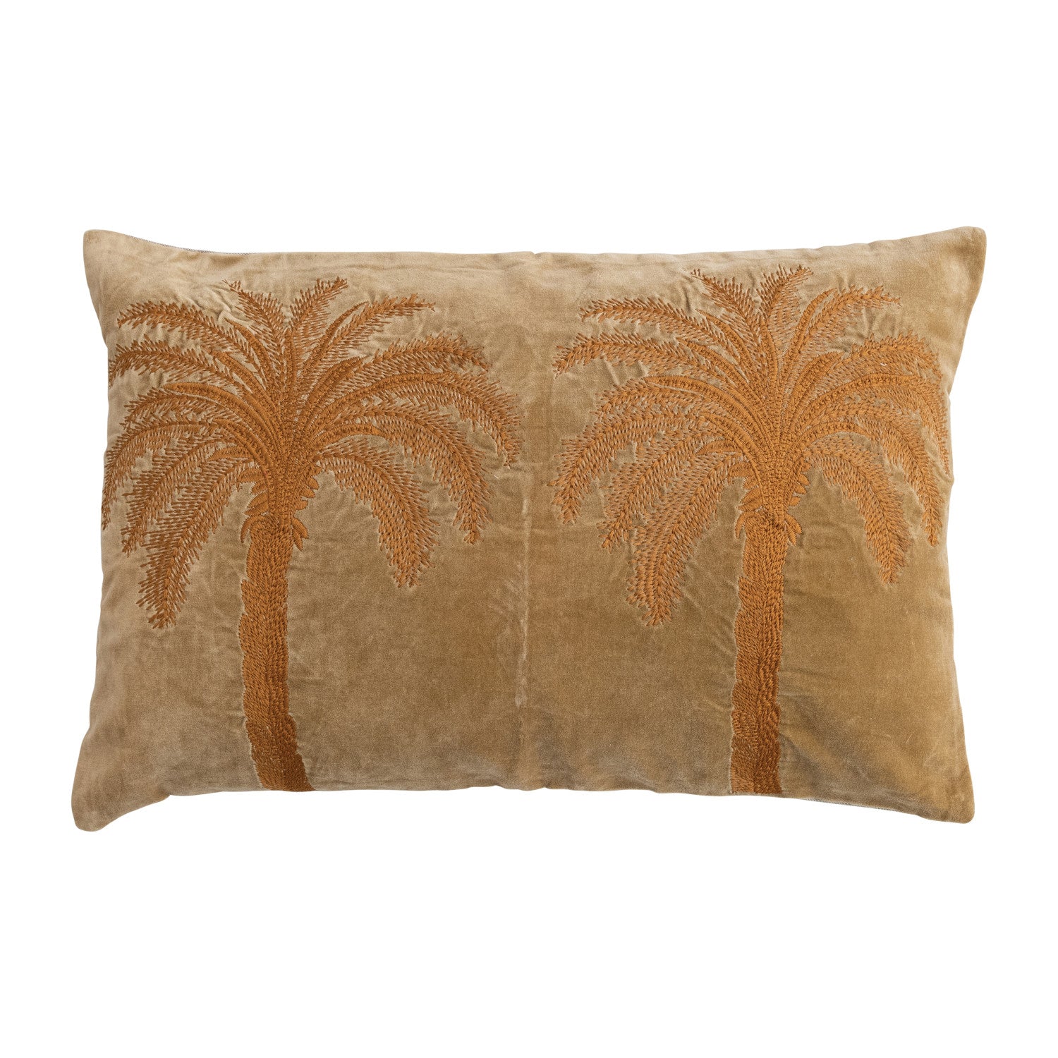 Cotton Velvet Embroidered Pillow with Palm Trees & Chambray Back