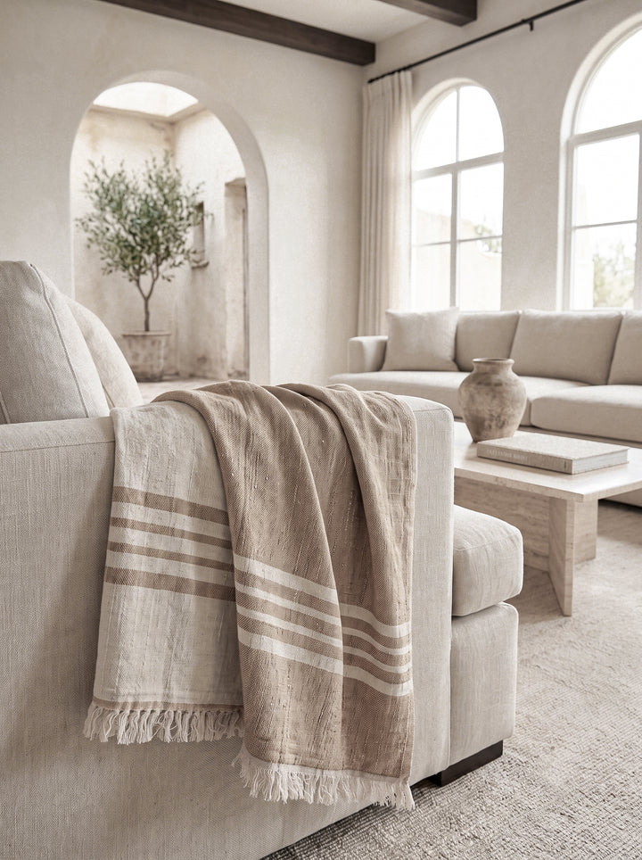 Lakeside Linen Stripe Throw-Beige