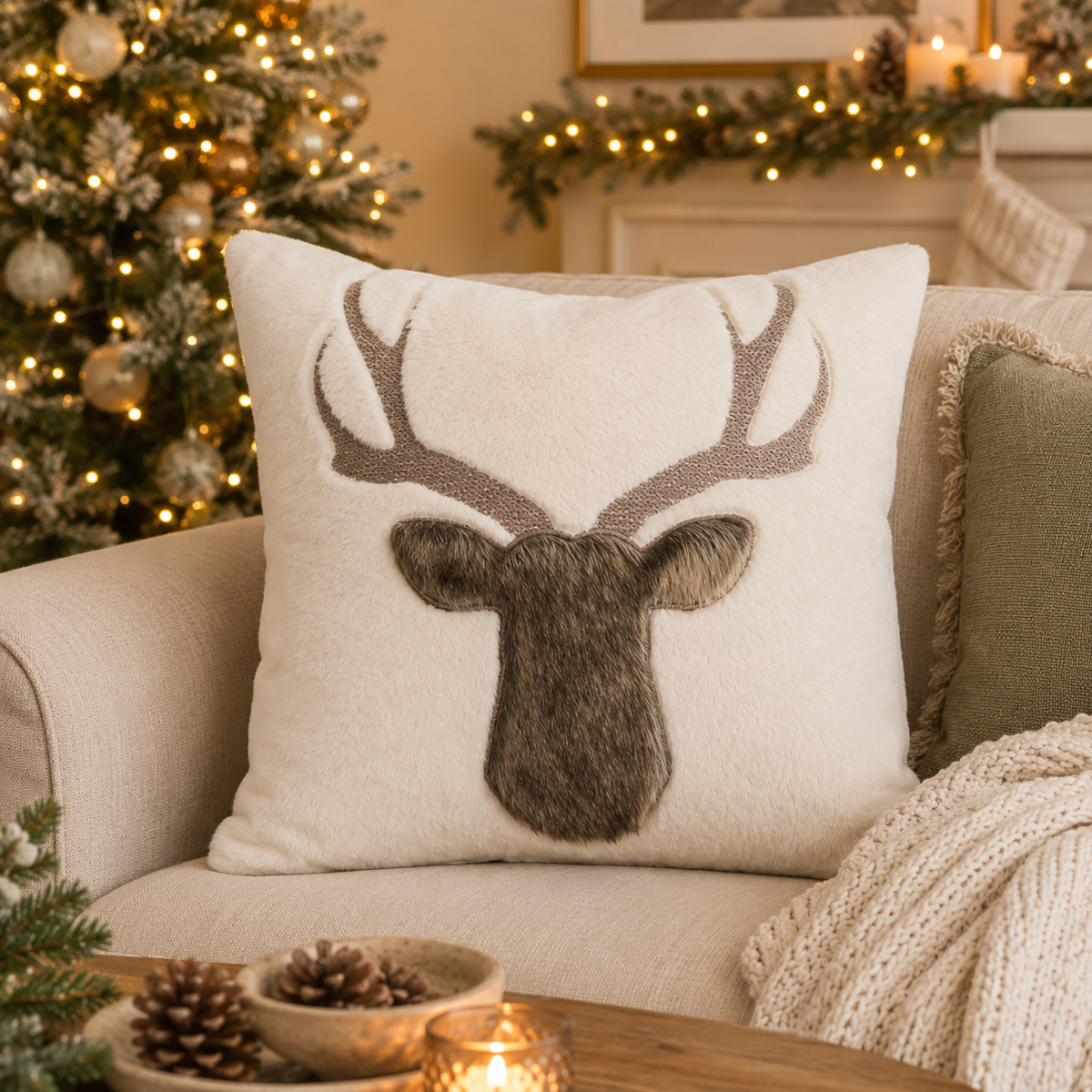 Rustic Deer Faux Fur Throw Pillow - 18"x18"