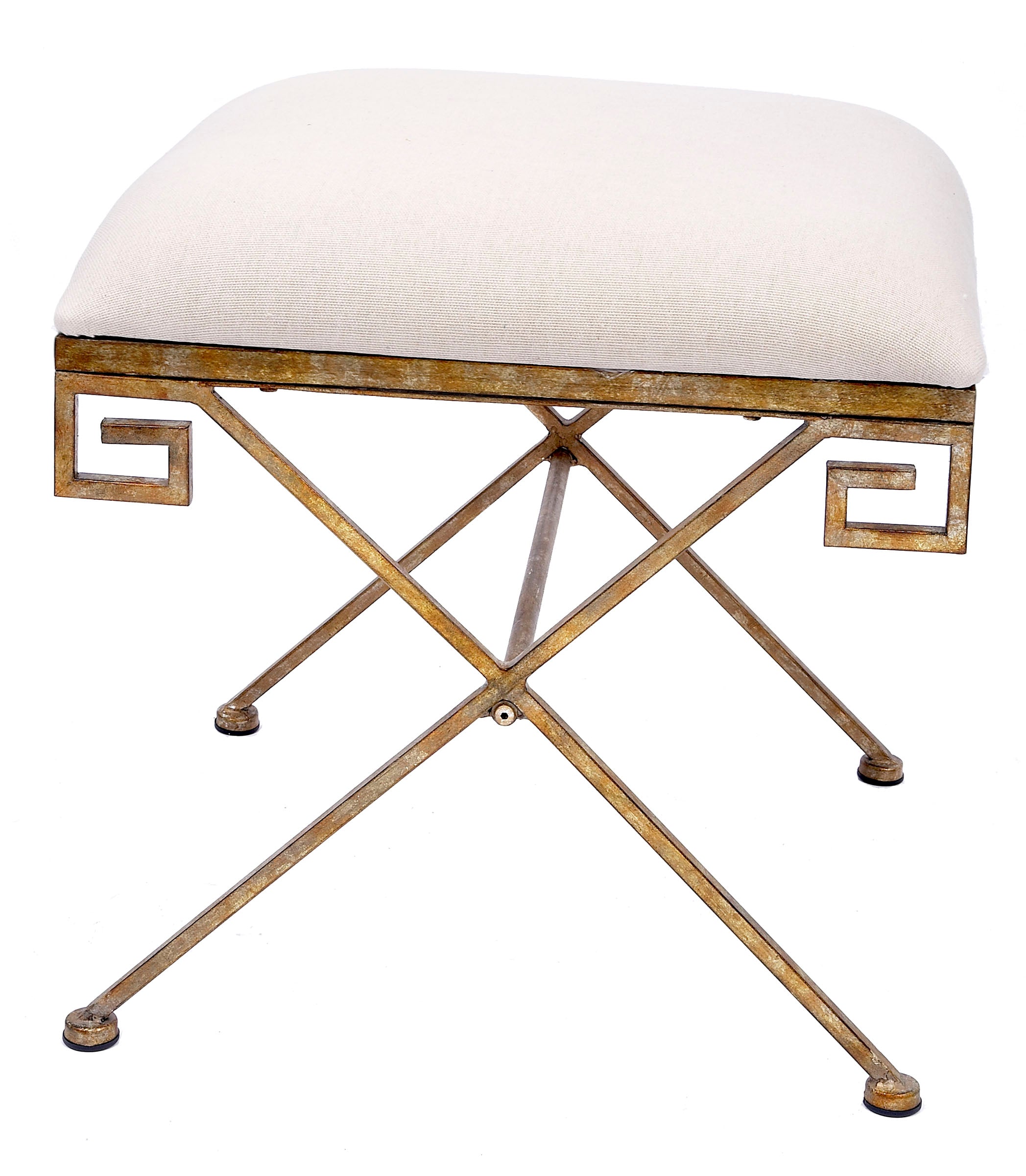 CHAMPAGNE GOLD GREEK KEY BENCH WITH NATURAL LINEN CUSHION