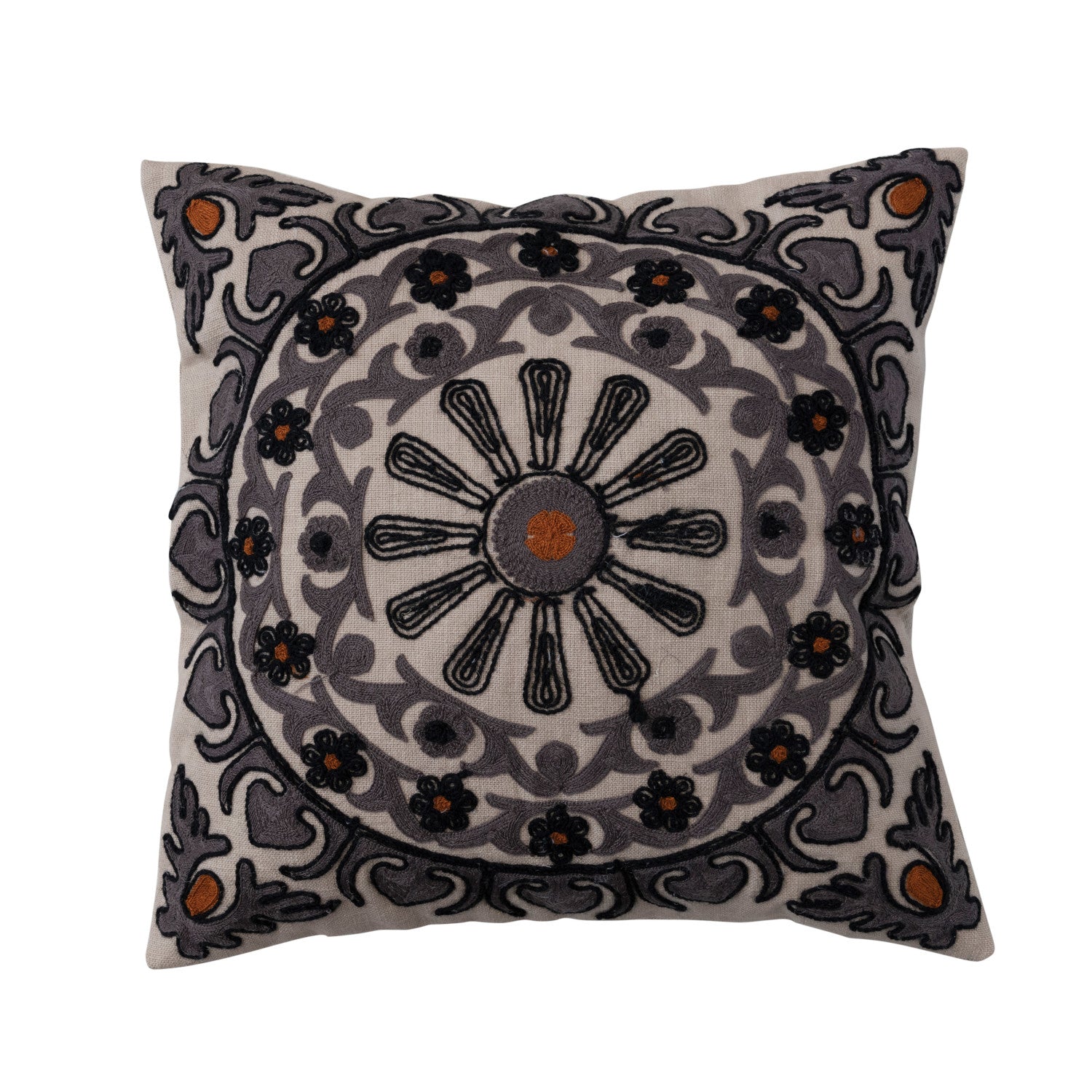 Cotton Slub Pillow w/ Suzani Embroidery & Chambray Back