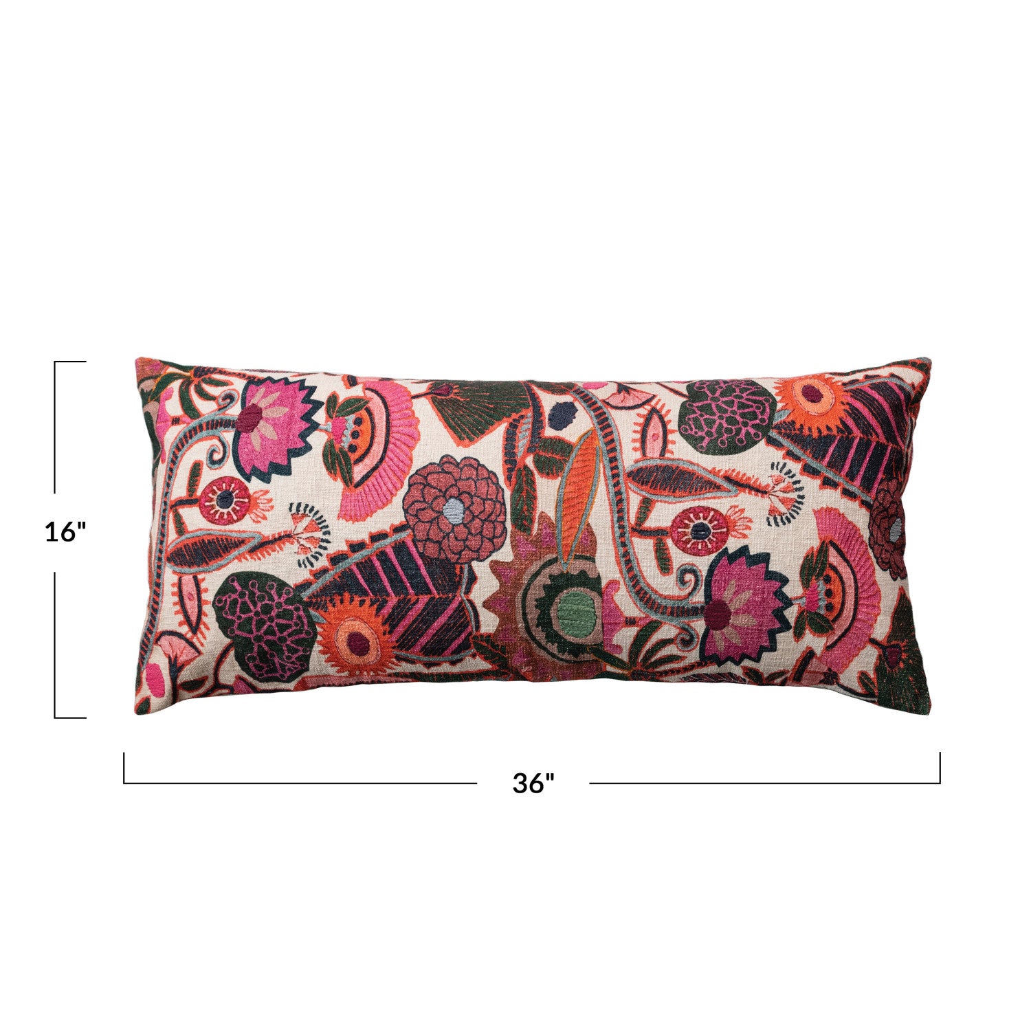 36"L x 16"H Cotton Slub Embroidered Lumbar Pillow