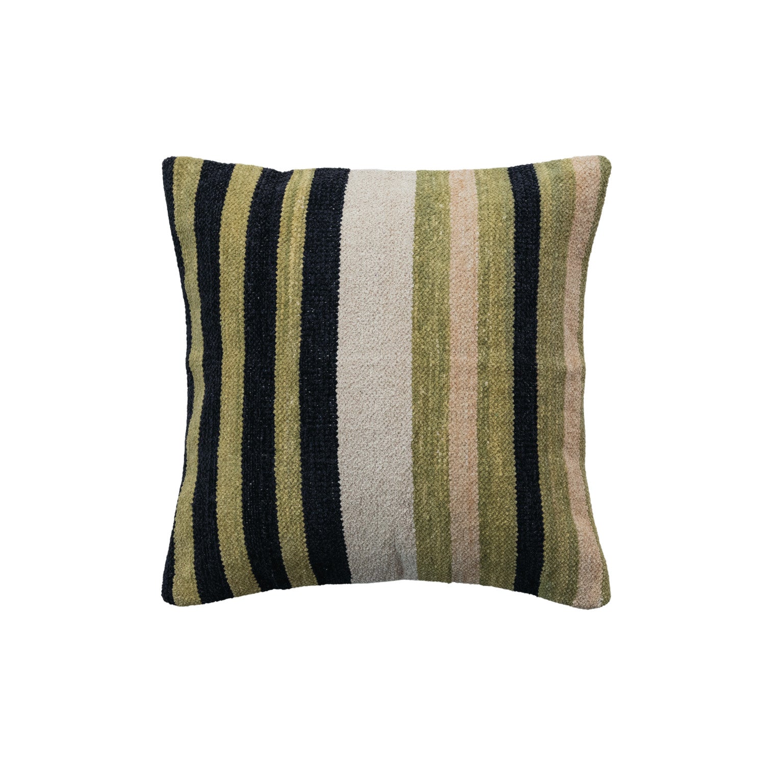 20" Square Woven Cotton Blend Chenille Pillow w/ Stripes & Cotton Back