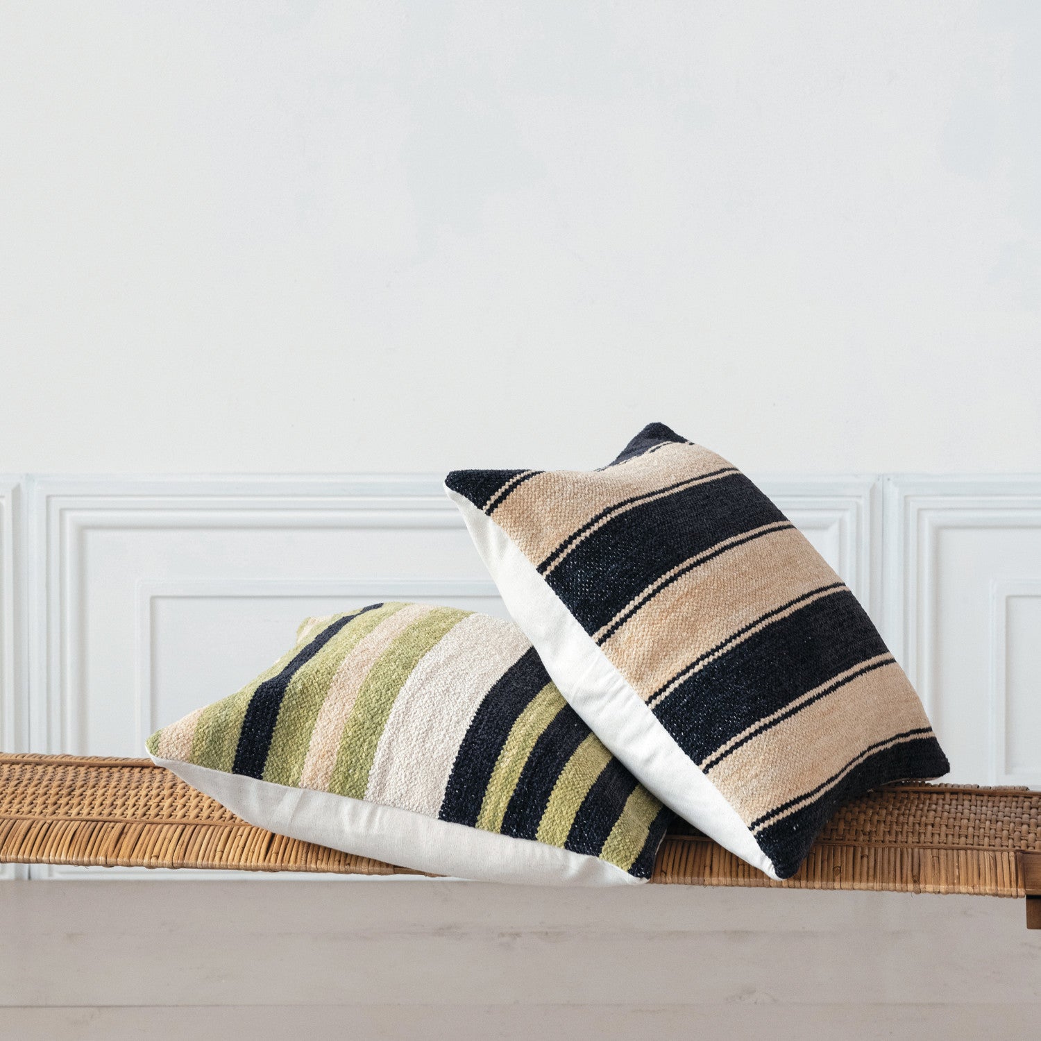 20" Square Woven Cotton Blend Chenille Pillow w/ Stripes & Cotton Back