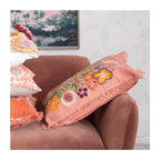 24"L x 16"H Cotton Lumbar Pillow w/ Embroidered Flowers & Eyelash Fringe