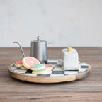 Mango Wood & Marble Check Lazy Susan, White, Black & Natural