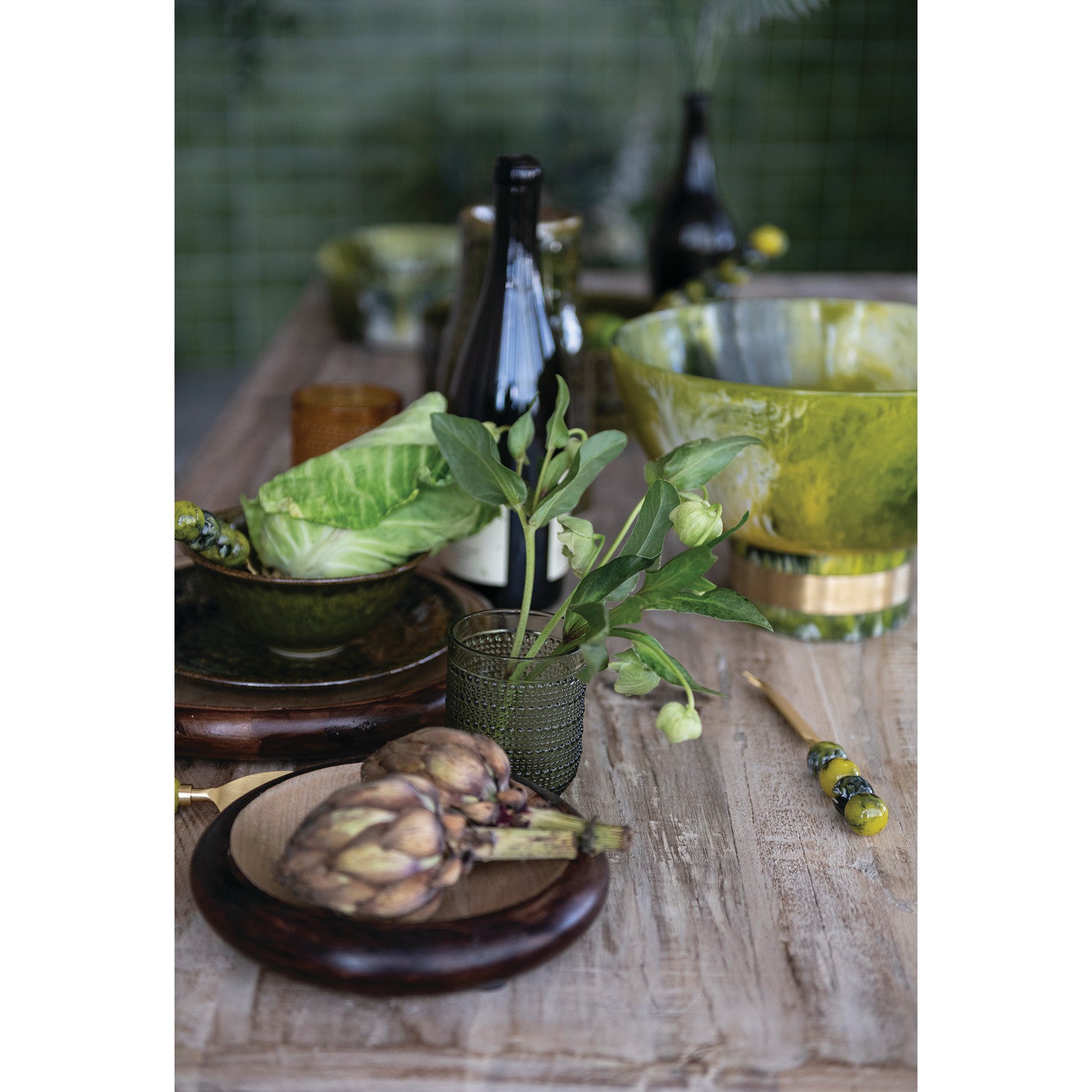 Marbled Resin Footed Bowl with Gold Finish Metal Wrap, Green