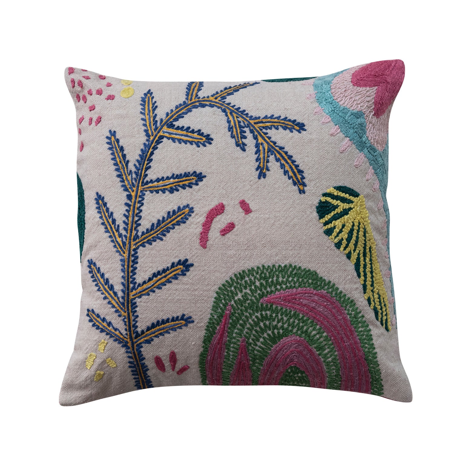 20" Square Hand-Woven Fabric Indoor/Outdoor Pillow with Embroidery