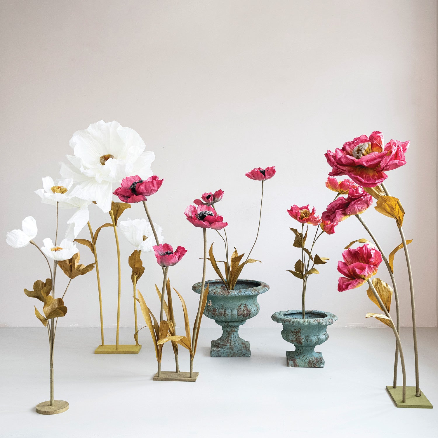 Paper Flowers with Stand, Green & Burgundy (1 Branch)