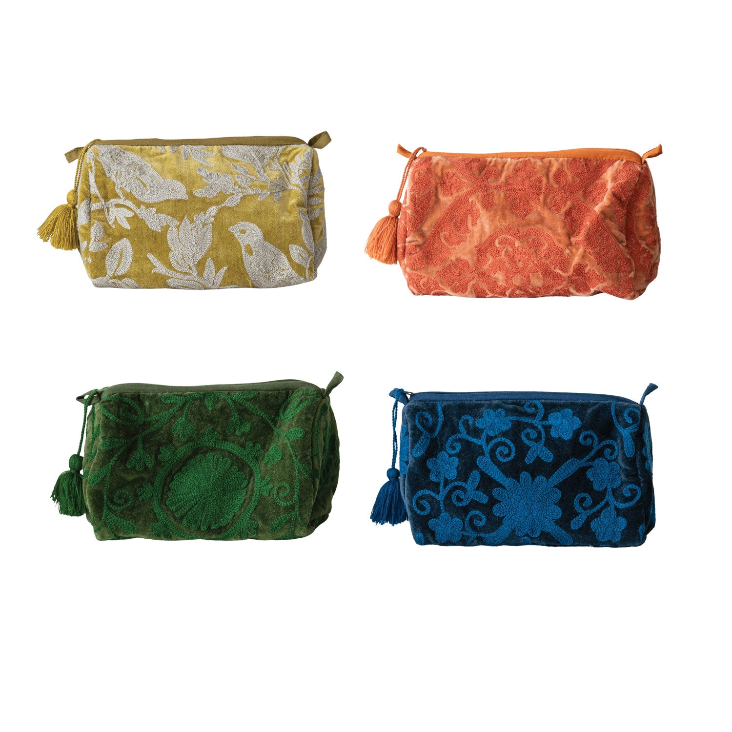 Cotton Velvet Suzani Zip Pouch with Interior Lining, 4 Colors