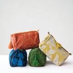 Cotton Velvet Suzani Zip Pouch with Interior Lining, 4 Colors