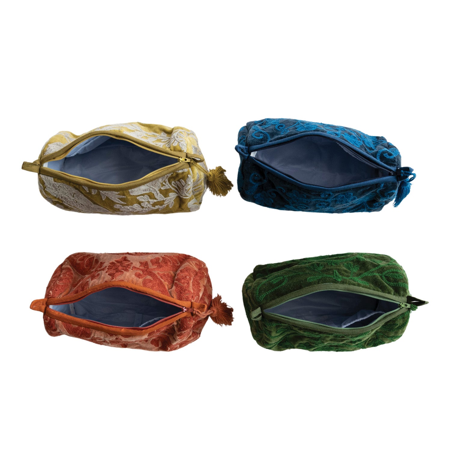 Cotton Velvet Suzani Zip Pouch with Interior Lining, 4 Colors