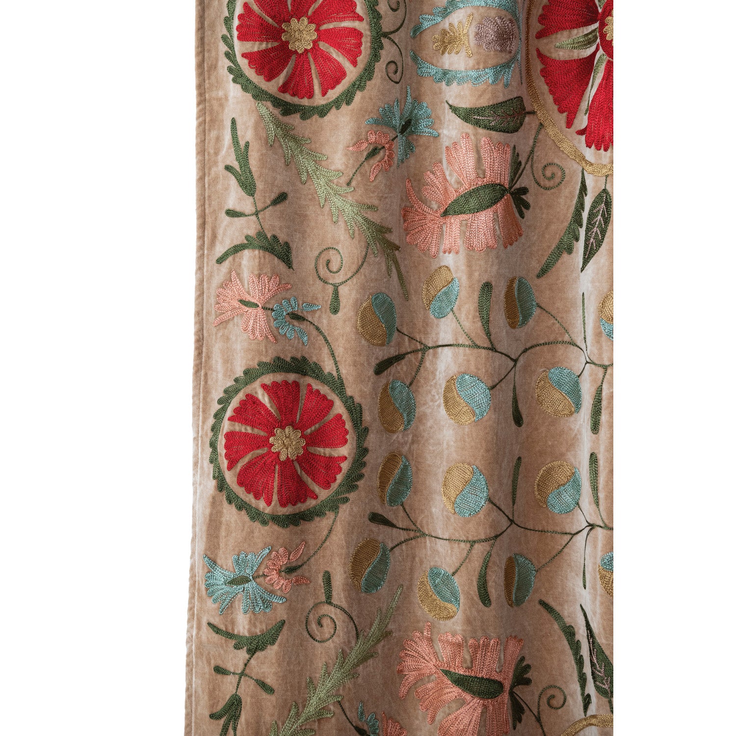50"W x 96"H Cotton Velvet Embroidered Curtain Panel Pair (Red & Green)