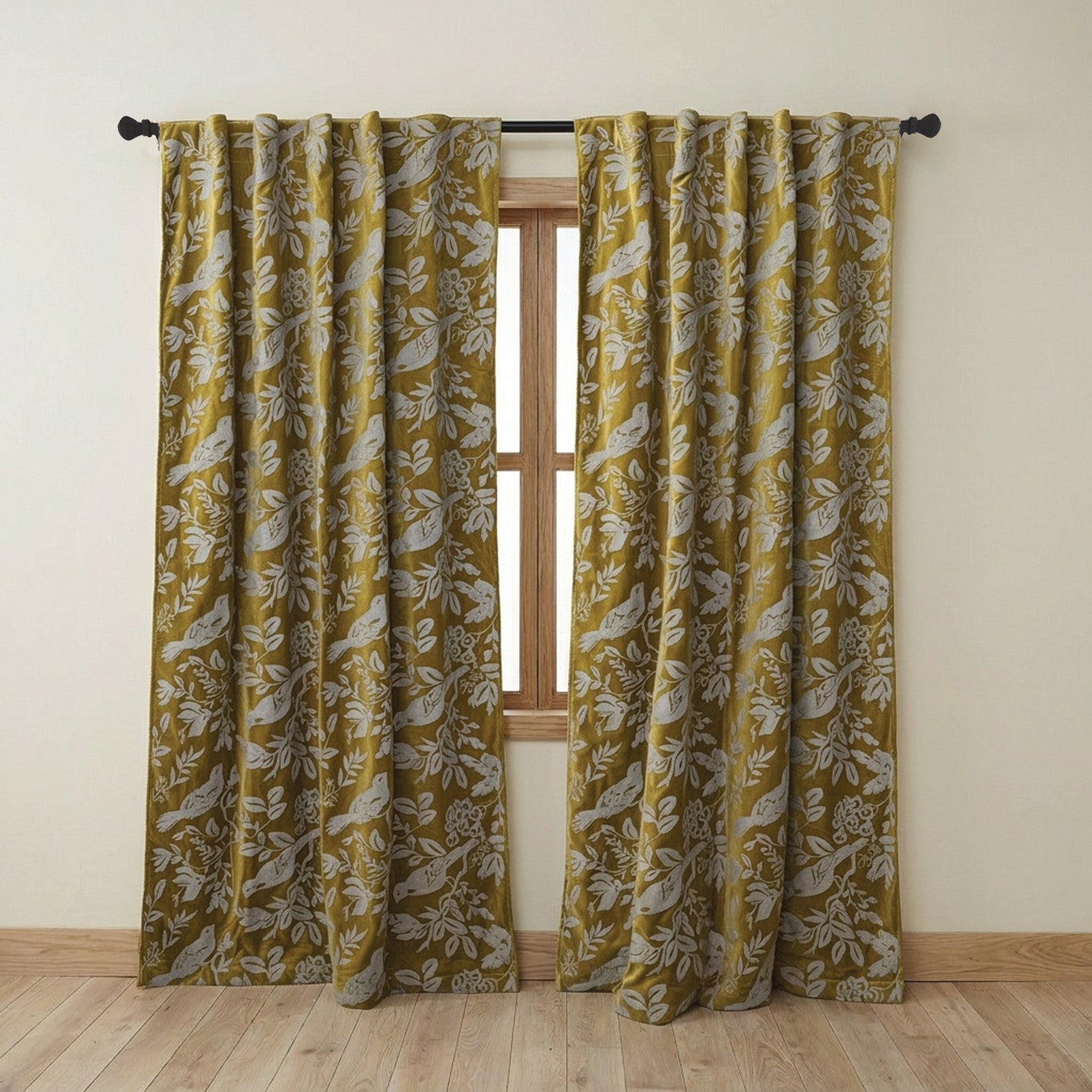 50"W x 96"H Cotton Velvet Embroidered Curtain Panel Pair (White Birds)