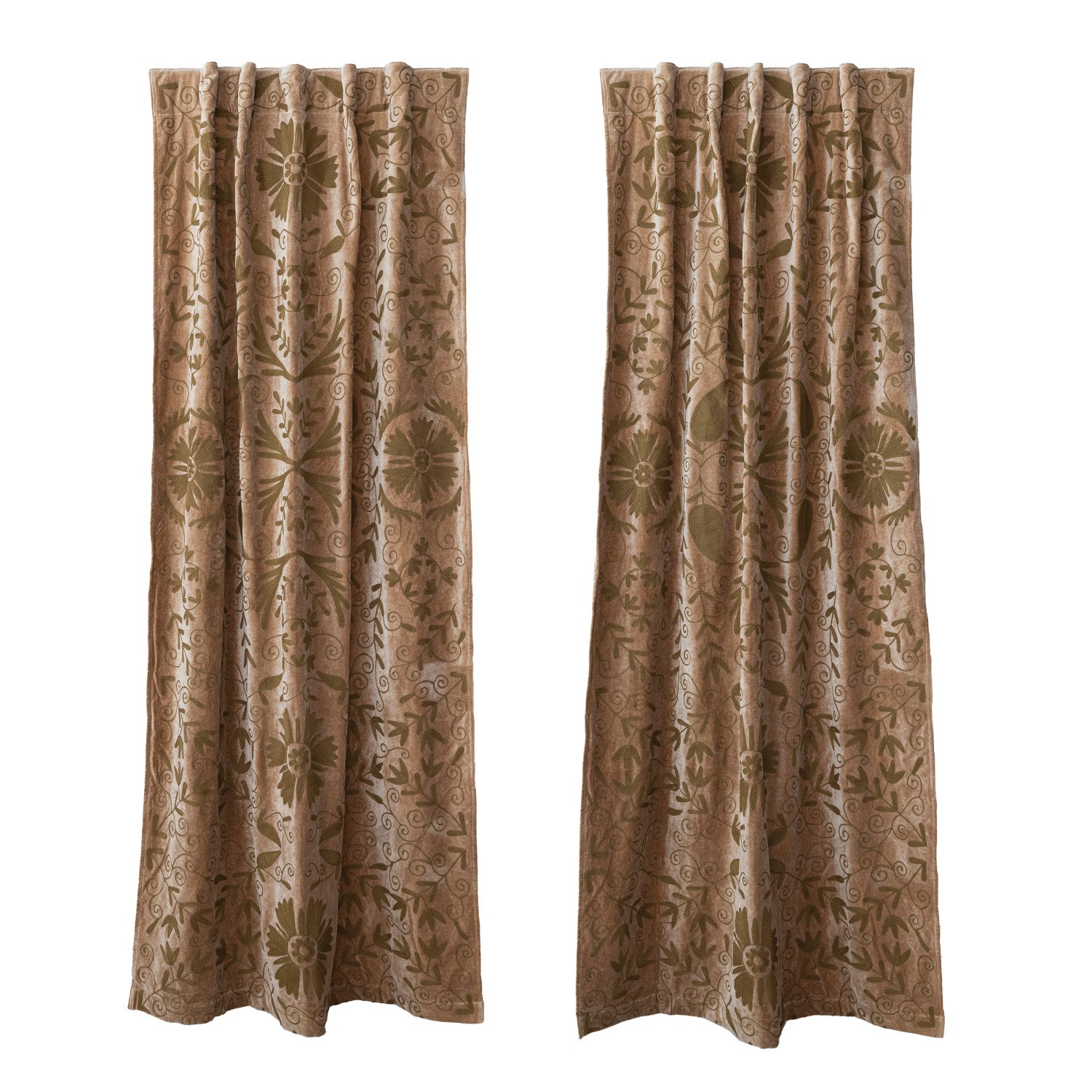 50"W x 96"H Cotton Velvet Embroidered Curtain Panel Pair (Yellow Green Flowers)