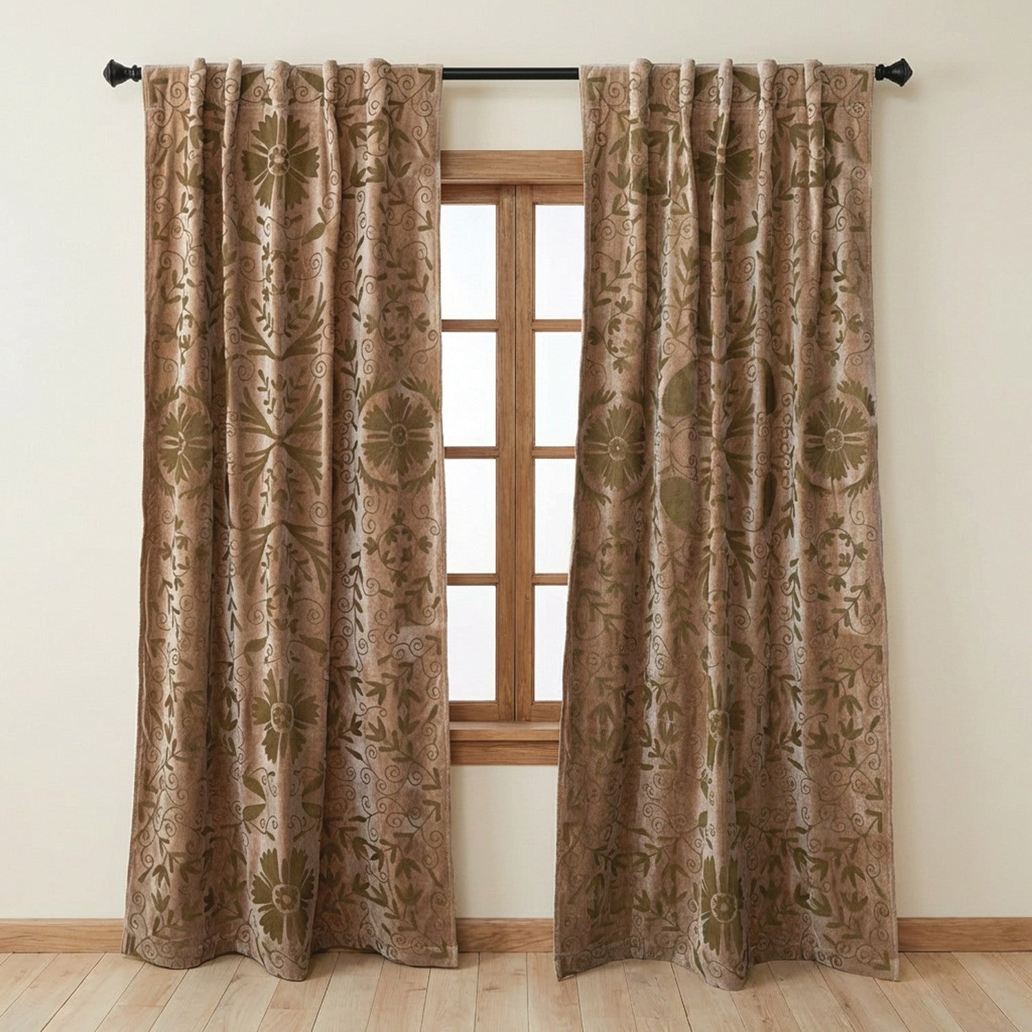 50"W x 96"H Cotton Velvet Embroidered Curtain Panel Pair (Yellow Green Flowers)