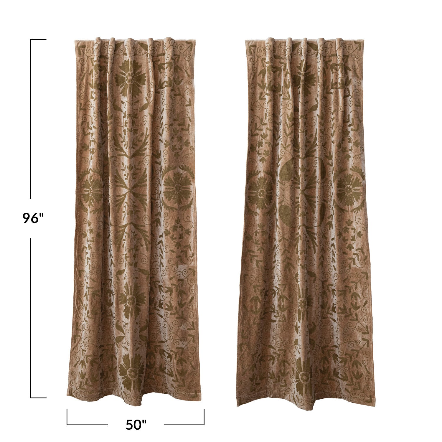50"W x 96"H Cotton Velvet Embroidered Curtain Panel Pair (Yellow Green Flowers)