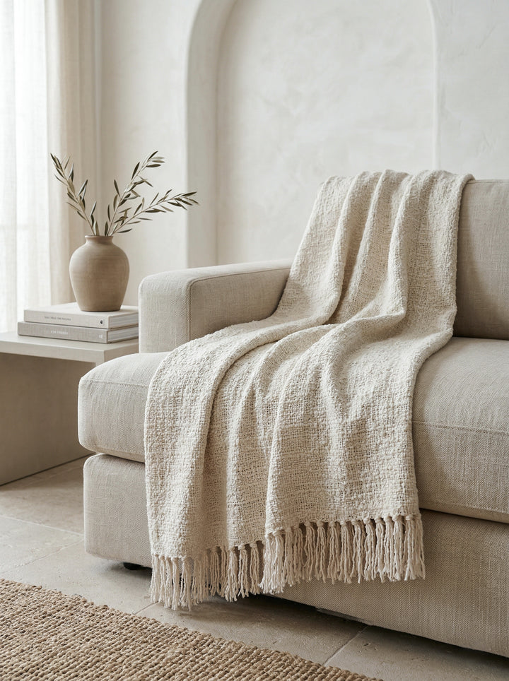 Ivory Cozy Cotton Boucle Throw with Fringe 50x70