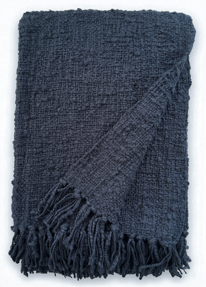 Navy Blue Cozy Cotton Boucle Throw with Fringe 50x70